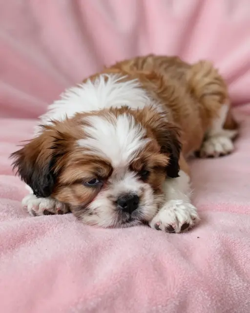 Fluffy brown and white Shih Tzu puppy rests drowsily on a soft pink fleece blanket