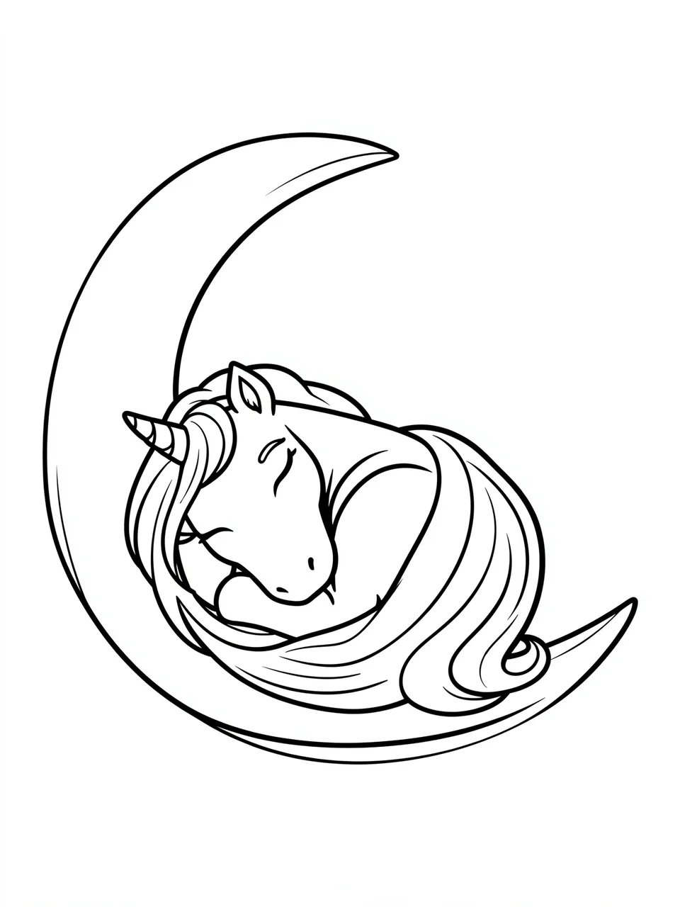 Bold black line art of a curled sleeping unicorn resting on a crescent moon against a plain white background