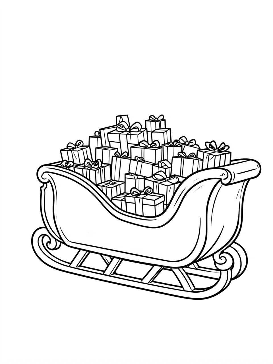 Black and white bold line art of a decorative sleigh piled high with wrapped gift boxes on a plain white background