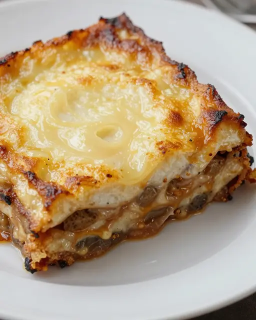 A close-up of a baked moussaka slice with golden browned bechamel top resting on a white plate