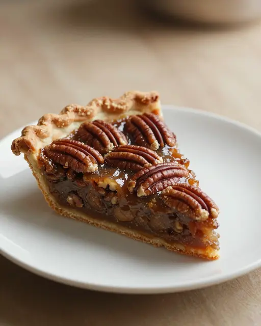 A single slice of glossy pecan pie topped with whole pecan halves rests on a white ceramic plate under warm light.