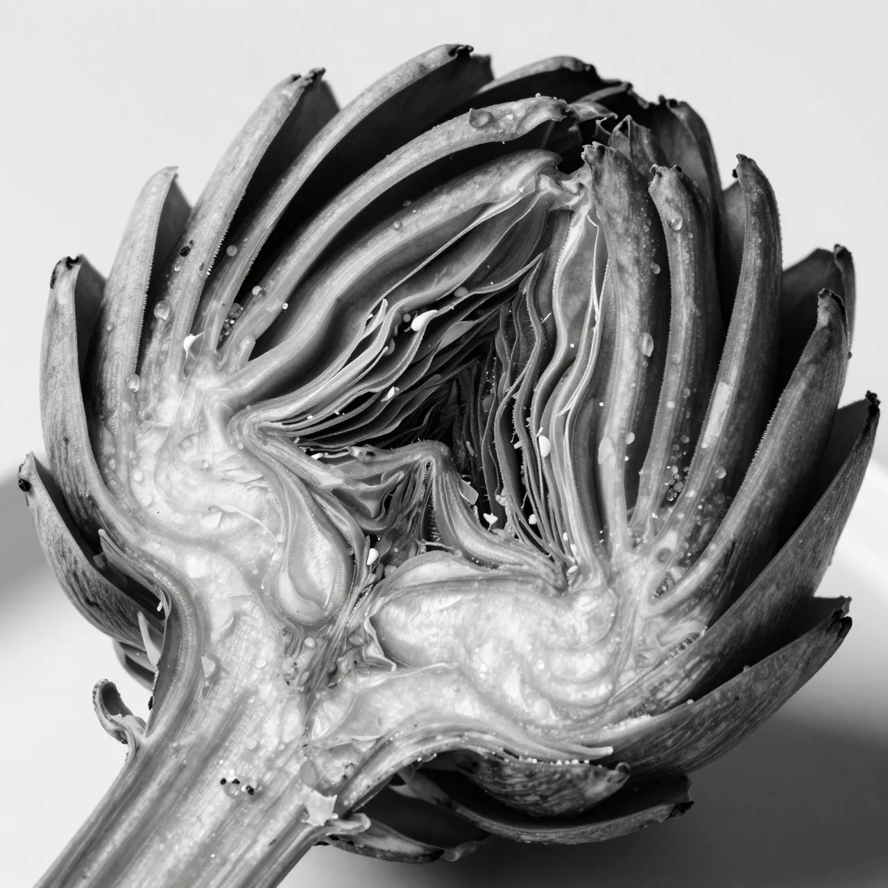 Black and white close-up of a halved artichoke showing tight inner layers and water droplets
