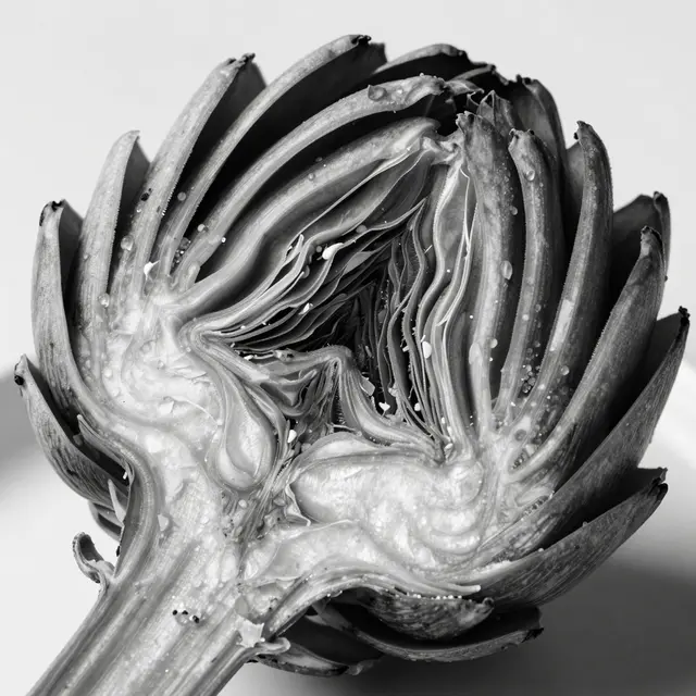 Black and white close-up of a halved artichoke showing tight inner layers and water droplets