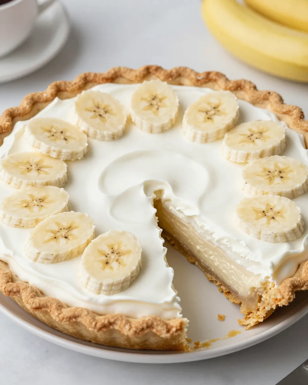 Banana cream pie with one portion removed, topped with whipped cream and fresh banana slices on a white plate