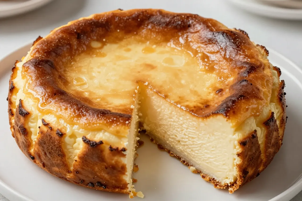 Whole basque burnt cheesecake with one portion cut away, resting on a white ceramic plate