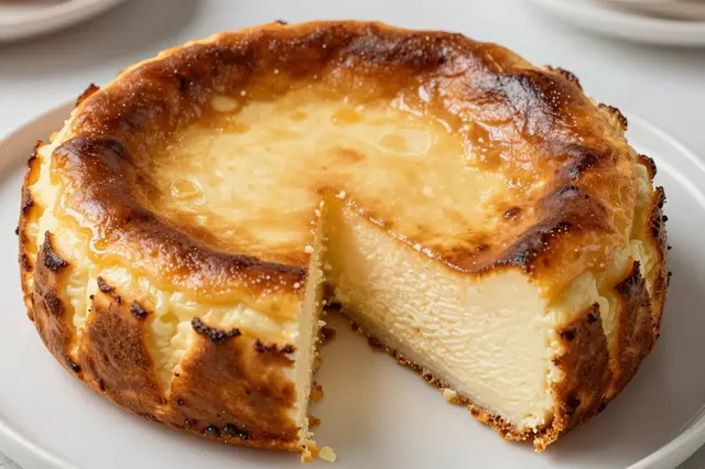 Whole basque burnt cheesecake with one portion cut away, resting on a white ceramic plate