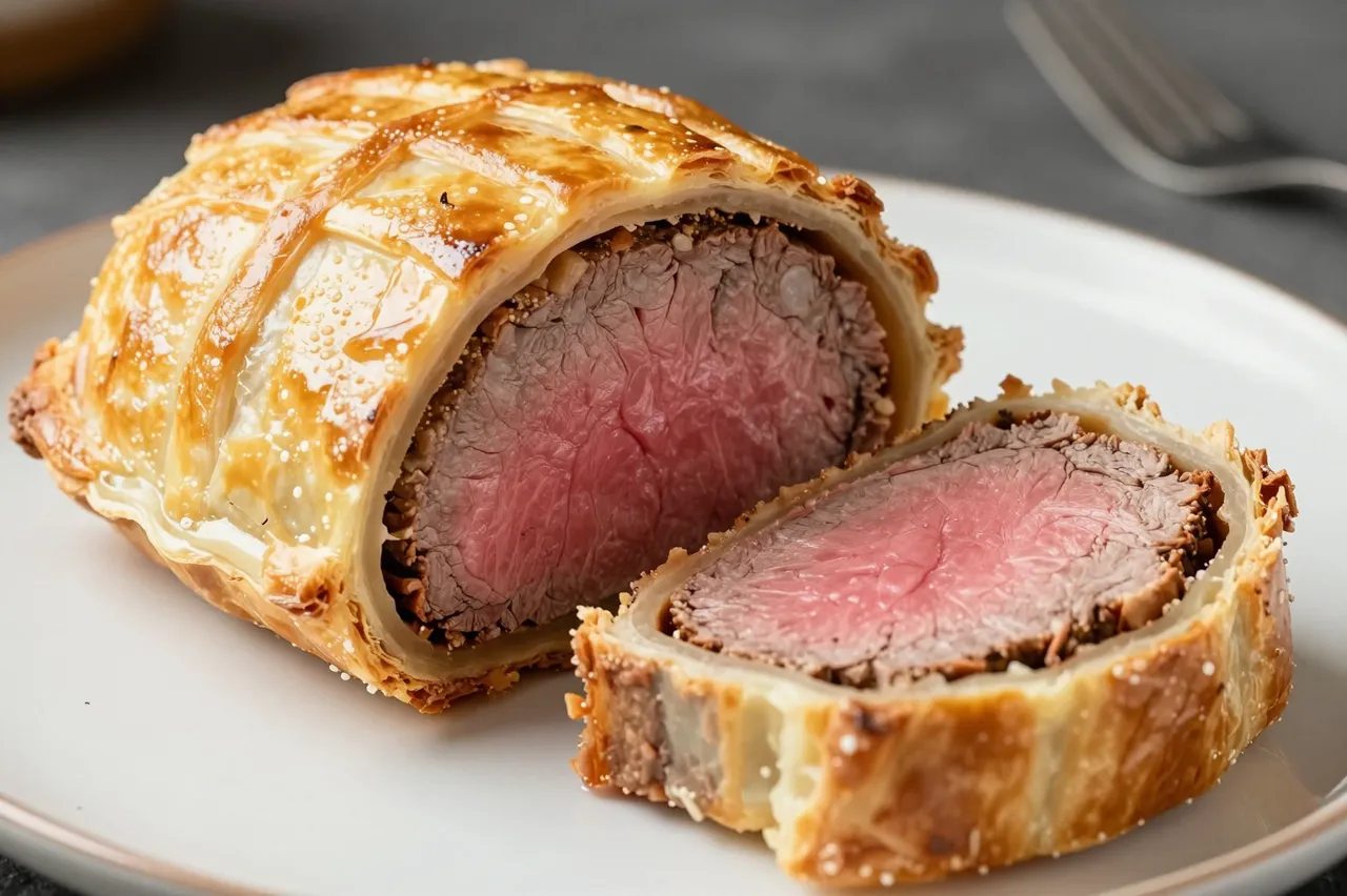 A sliced beef wellington with golden flaky pastry and pink rare beef sits on a light ceramic plate