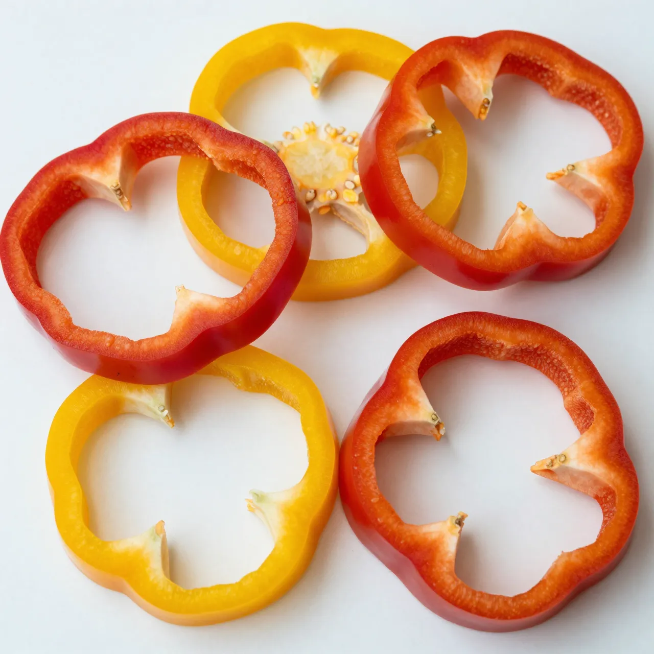 Top view of scattered red and yellow bell pepper rings arranged on a plain white surface