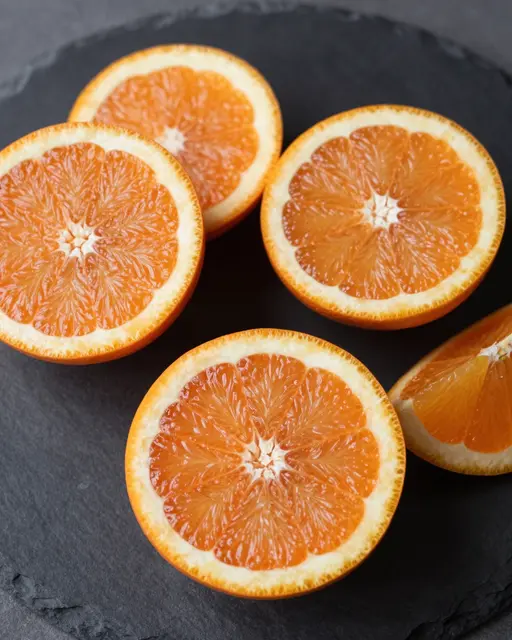 Halved and wedged crimson-fleshed oranges arranged on a dark round slate plate.