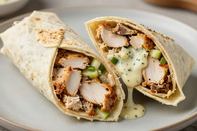 Halved chicken shawarma wrap oozing garlic sauce sits on a light gray plate