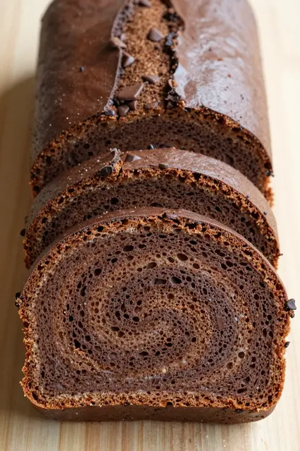Sliced chocolate babka loaf with visible swirls rests on a light wooden cutting board