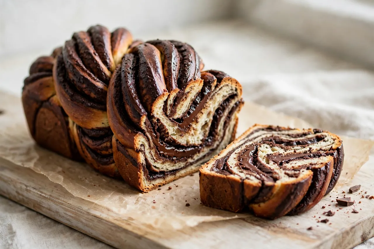 Twisted chocolate babka loaf with one cut slice resting on parchment over a wooden board