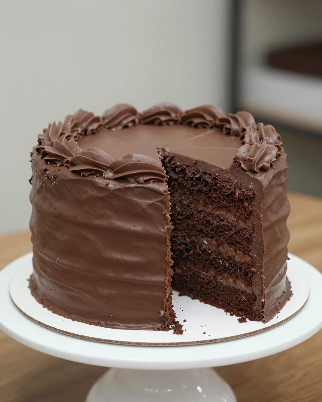Tall frosted chocolate layer cake with a slice removed, sitting on a white cake stand
