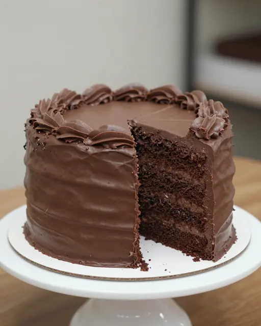 Tall frosted chocolate layer cake with a slice removed, sitting on a white cake stand