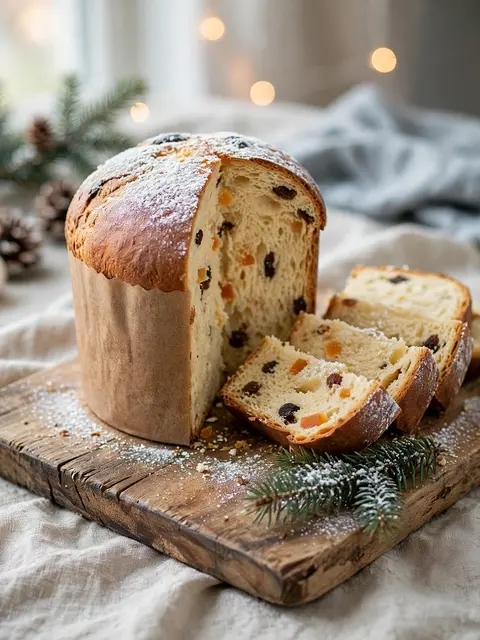 Iced panettone with cut slices, fir sprigs and fairy lights arranged on a rustic wooden board