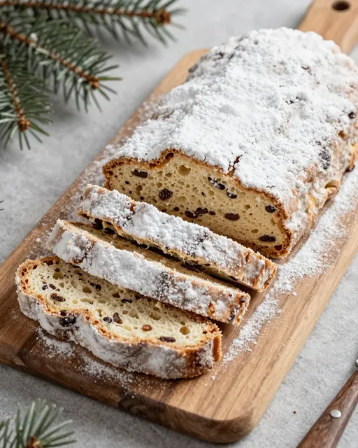 Powdered sugar dusted sliced Christmas stollen rests on a wooden cutting board with pine sprigs in the background.