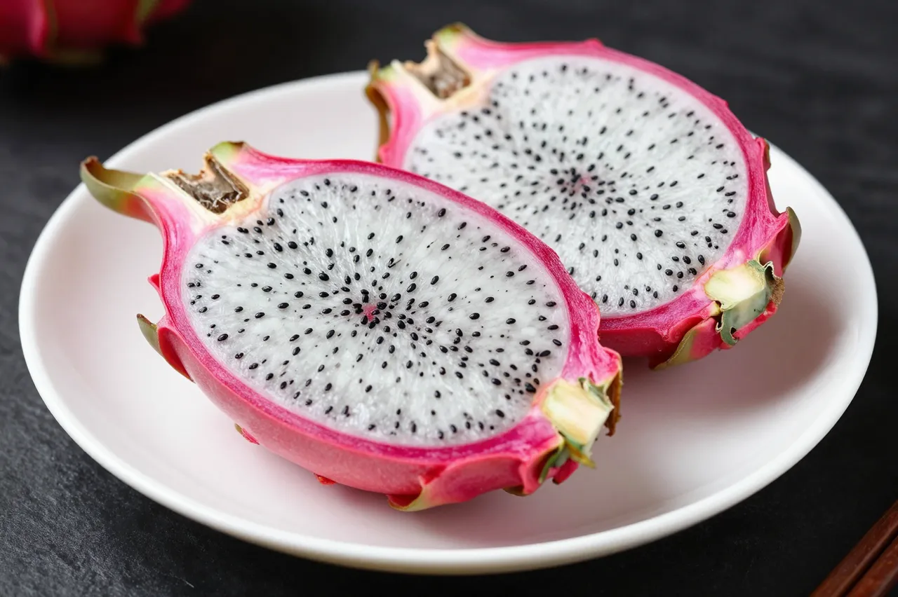Two halved white-fleshed dragon fruit rest on a small white plate over a dark textured surface