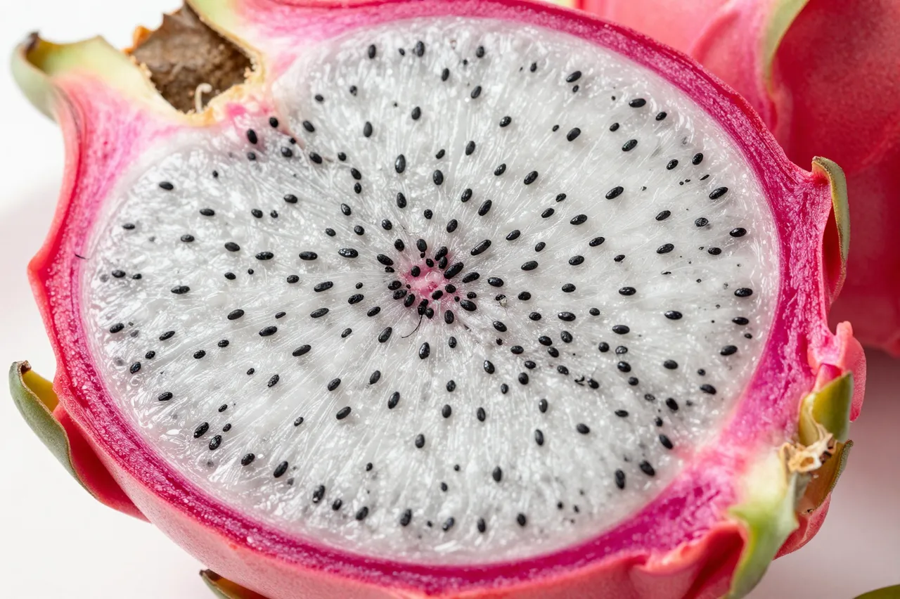 Close-up of a halved white-fleshed dragon fruit showing tiny black seeds on a light surface