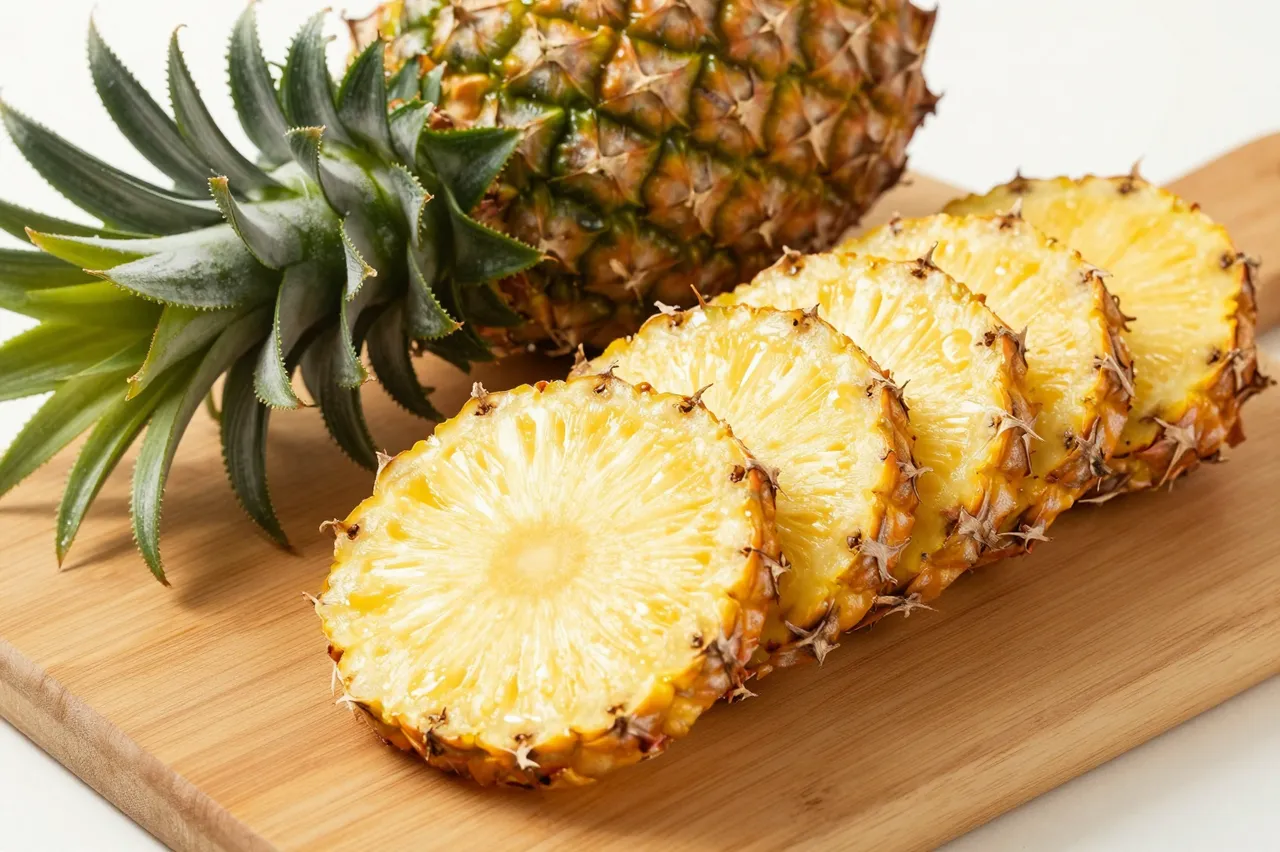 Golden fresh pineapple rings and a whole pineapple with its leafy crown rest on a light wooden cutting board.