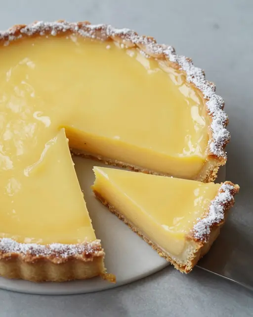 A whole lemon tart with one cut slice resting partially on a serving knife, dusted with powdered sugar.