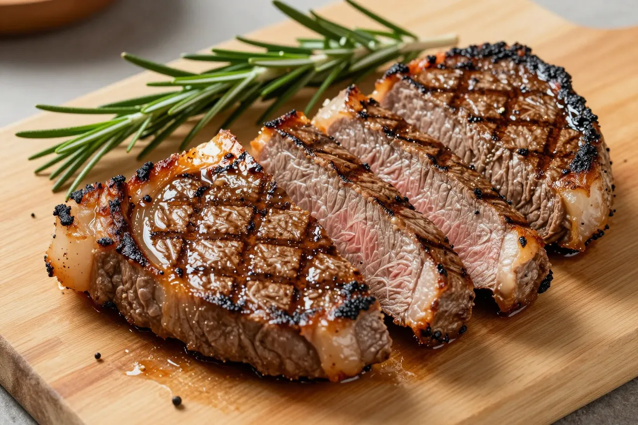 Sliced grilled steak with charred grill marks rests on a wooden cutting board next to fresh rosemary sprigs.