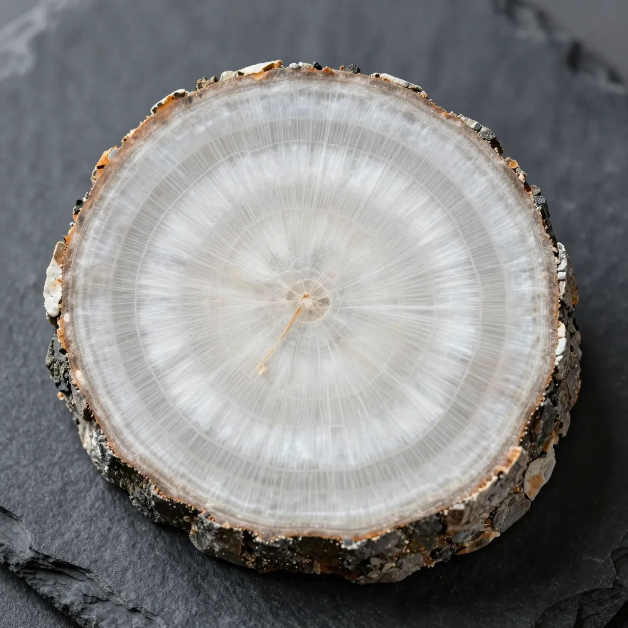 Macro close-up of a halved hailstone showing concentric growth rings resting on dark slate