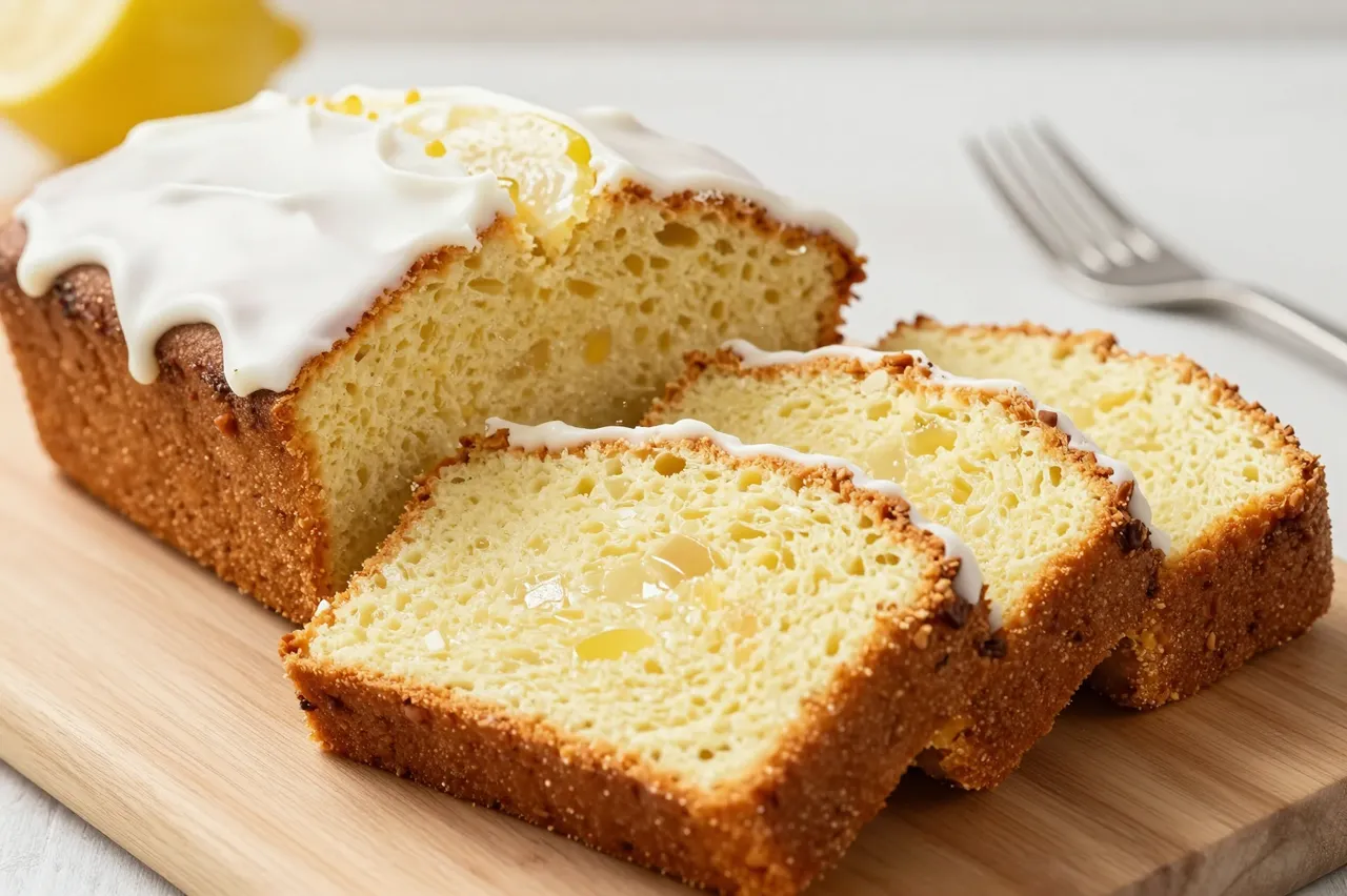Iced lemon drizzle loaf cake with cut slices resting on a light wooden board