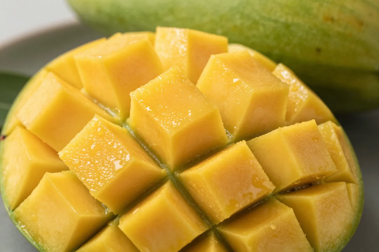 Close up of a mango cut into raised cubes still attached to its skin, with a whole green mango in the soft focus background