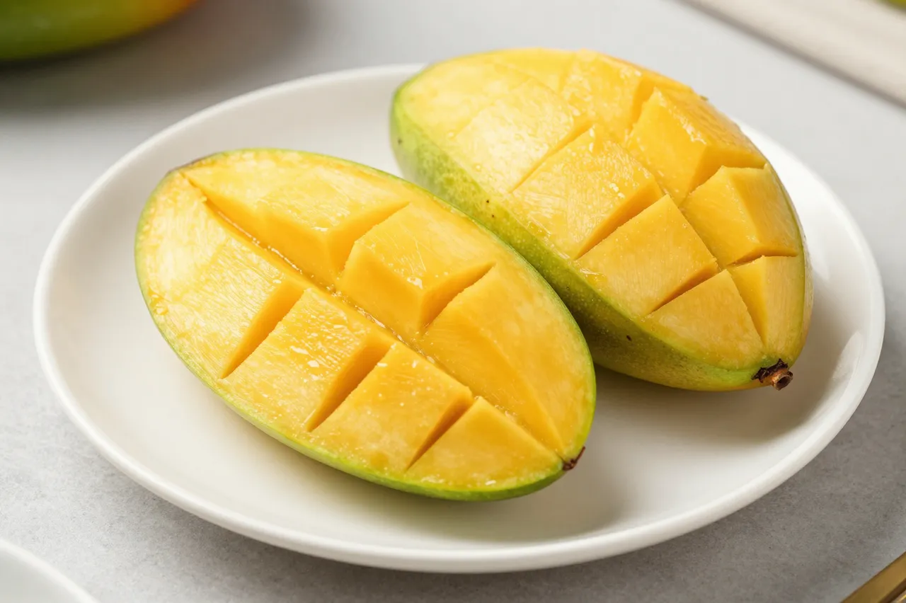 Two halved and grid-cut ripe mangoes rest on a small white plate atop a light gray tabletop