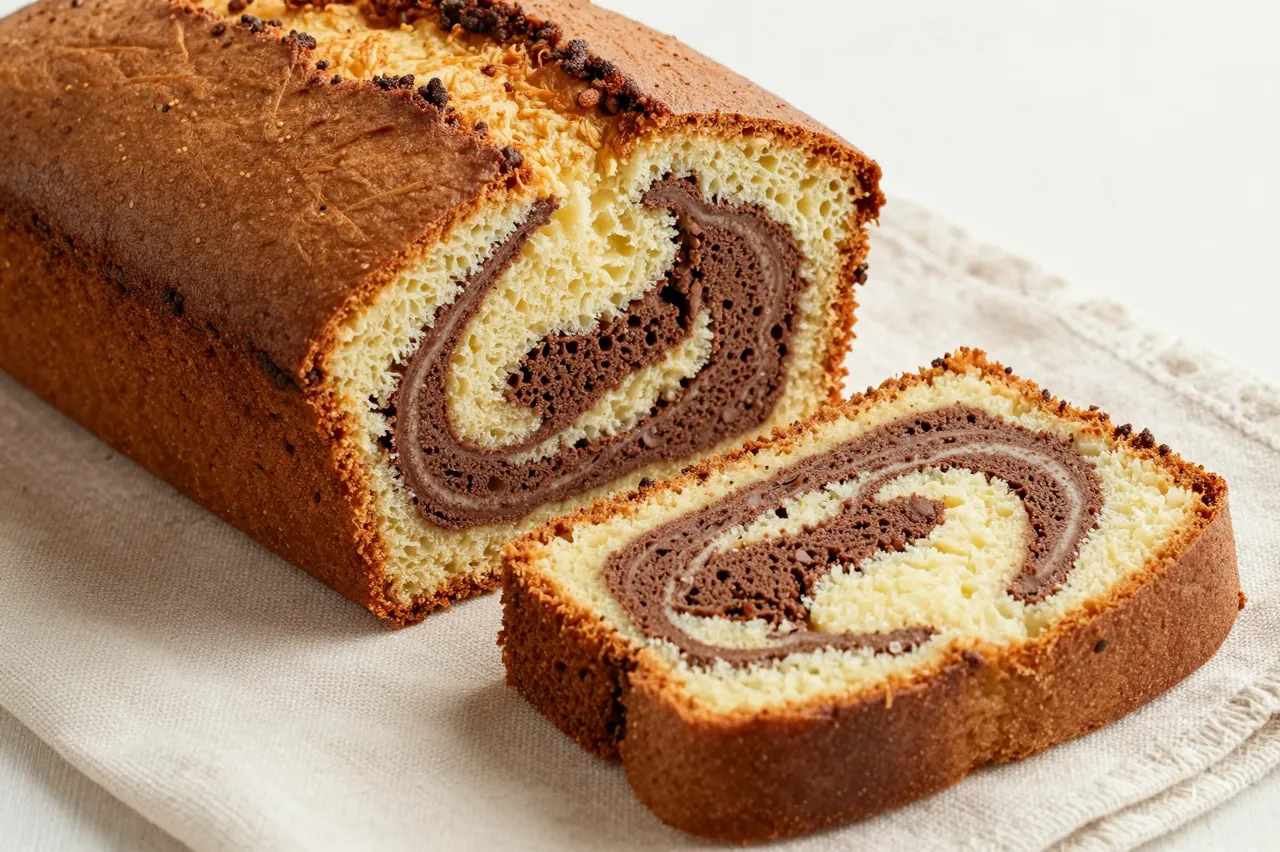 Sliced marble loaf cake with chocolate and vanilla swirls rests on a light linen cloth