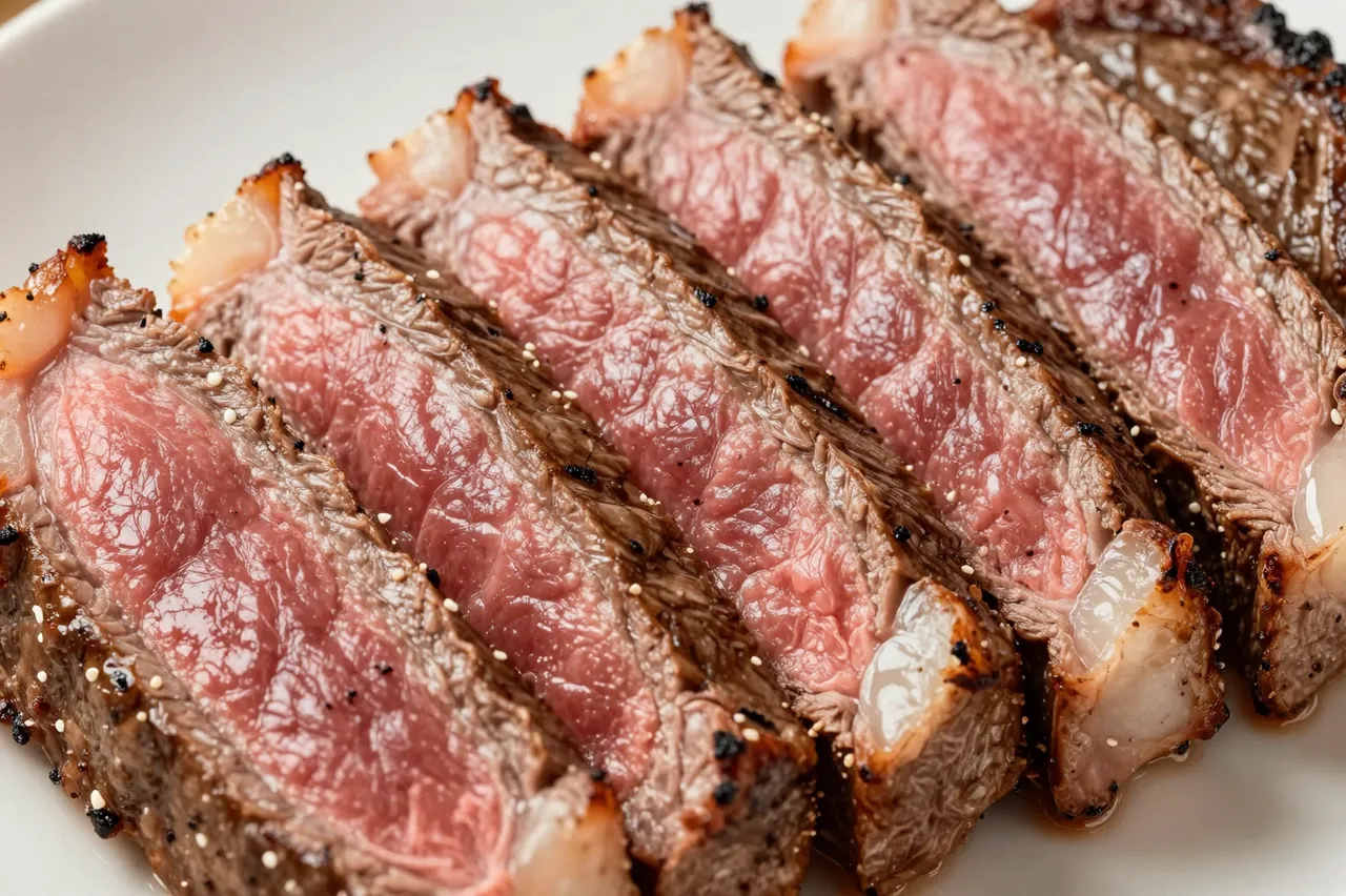Close-up of sliced medium rare steak with a pink center arranged on a light plate