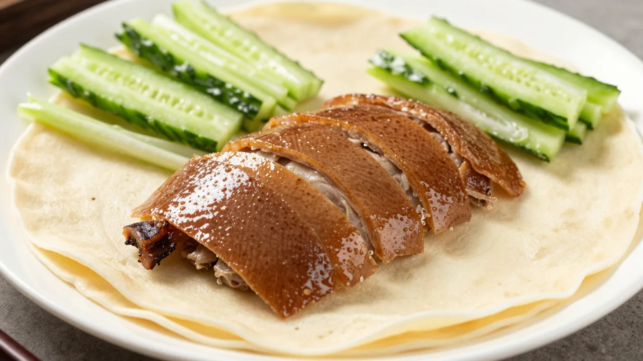 Sliced crispy peking duck arranged with thin pancakes and cucumber strips on a white plate