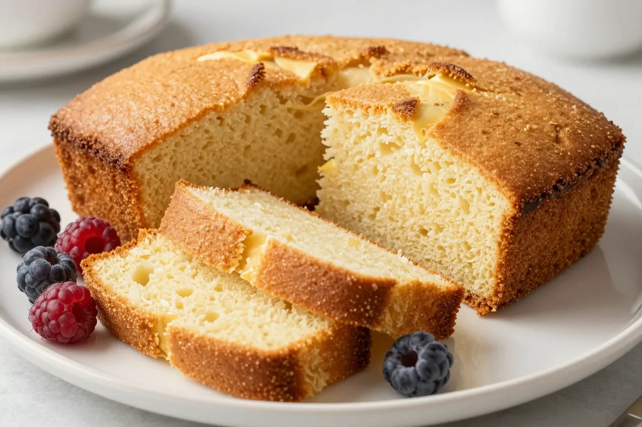 Golden crust pound cake with two cut slices arranged with fresh raspberries and blueberries on a white plate