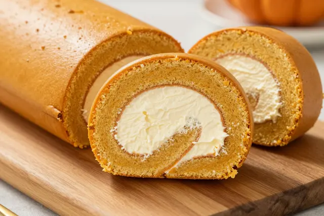 Sliced pumpkin roll with cream cheese filling rests on a wooden cutting board