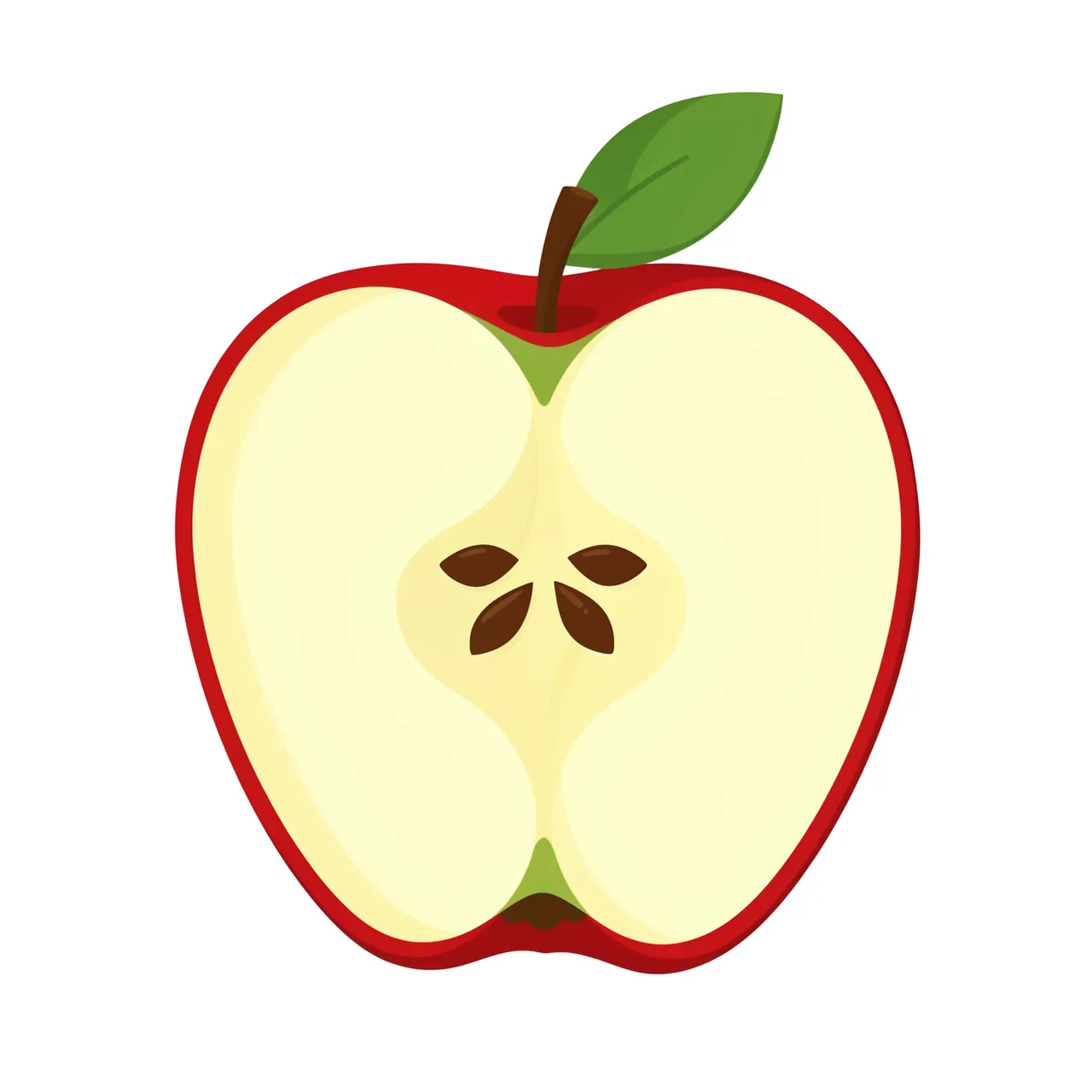 Flat clipart of a halved red apple showing its seed core, stem, and leaf on a plain white background