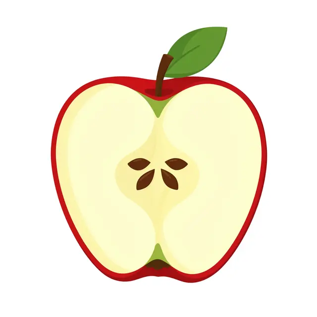 Flat clipart of a halved red apple showing its seed core, stem, and leaf on a plain white background