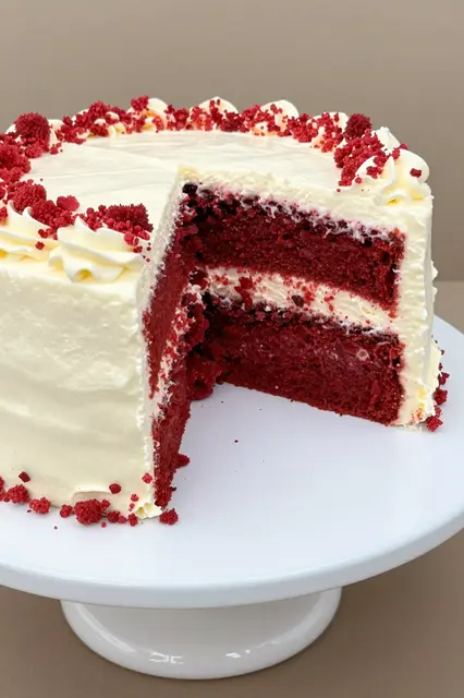 Red velvet cake with cream cheese frosting and crumbs sits on a white cake stand with one portion removed.