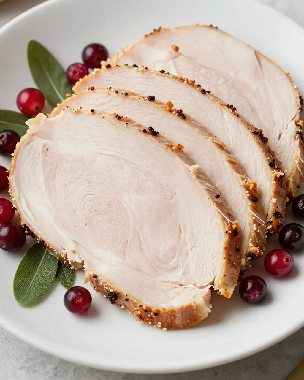 Fanned sliced roast turkey breast arranged with sage leaves and cranberries on a white platter