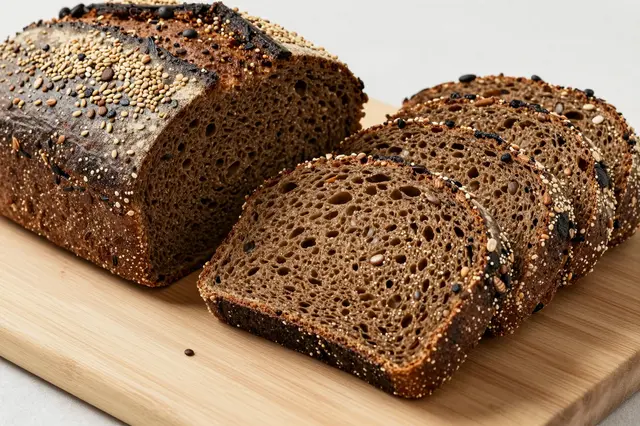 Partially sliced dark seeded rye bread rests on a light wooden cutting board against a neutral background