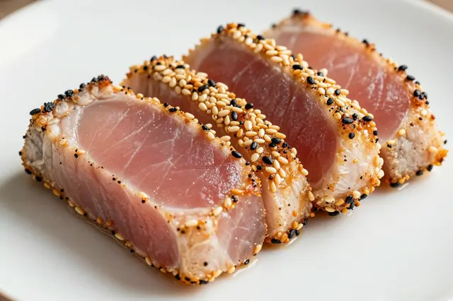 Sliced seared sesame crusted tuna arranged on a plain white plate