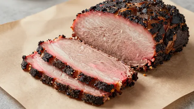 Sliced smoked brisket with a pink smoke ring and dark crust rests on crumpled brown butcher paper.
