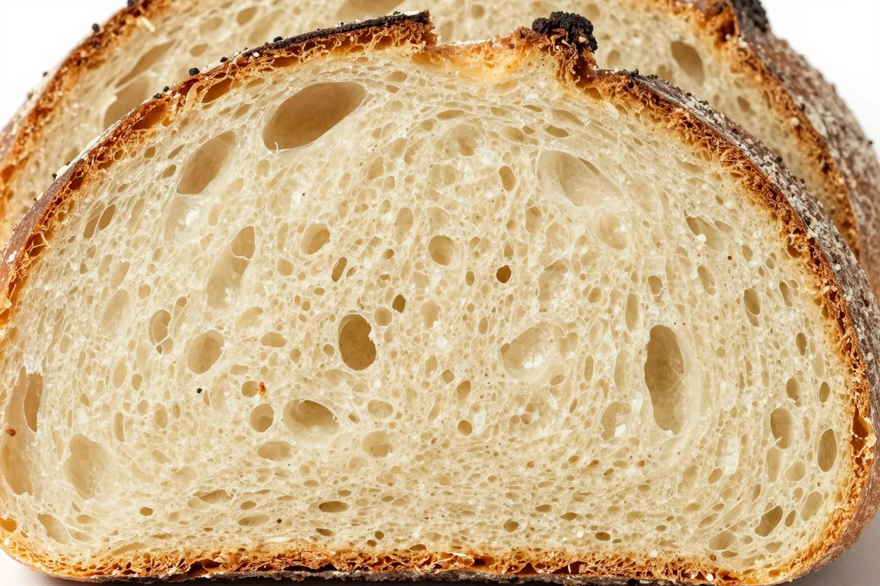 Close-up of sliced sourdough bread showing its open, airy hole-filled crumb and crispy brown crust