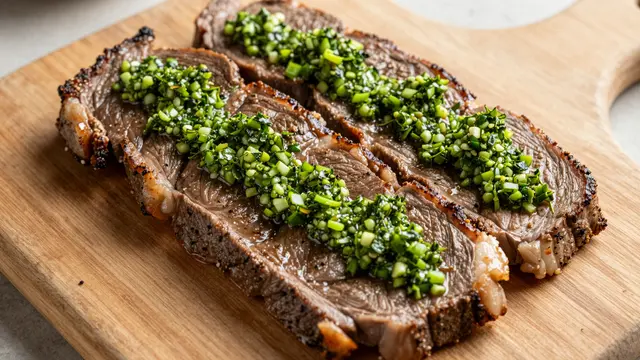 Top view of sliced cooked flank steak topped with bright green chimichurri on a wooden serving board