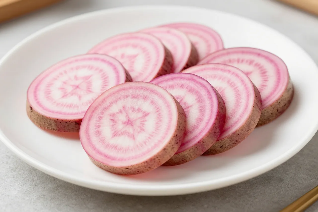 Thin round slices of pink and white striped beets are arranged on a plain white plate.