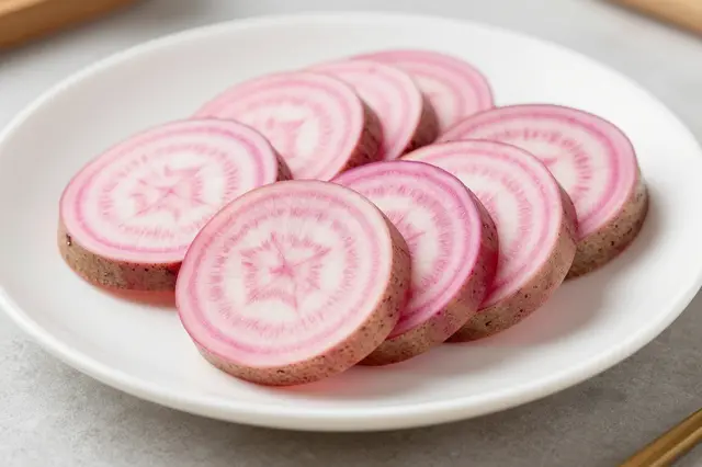 Thin round slices of pink and white striped beets are arranged on a plain white plate.