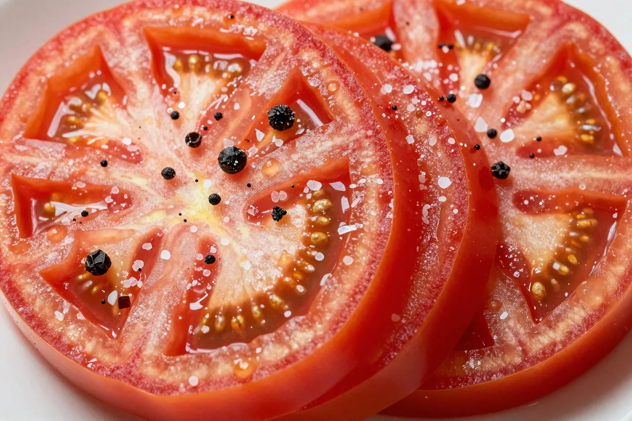 Close-up of stacked ripe tomato slices seasoned with coarse salt and black peppercorns on a white plate