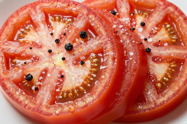 Close-up of stacked ripe tomato slices seasoned with coarse salt and black peppercorns on a white plate