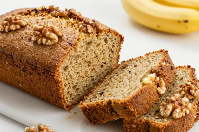 A partially sliced banana bread loaf topped with walnuts rests on a white plate with whole bananas in the background