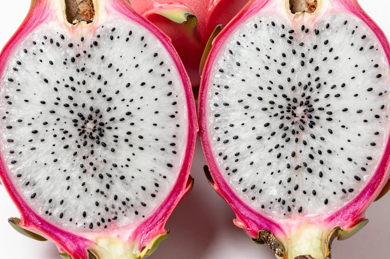 Close-up of two halved white-flesh dragon fruit with black seeds resting on a light surface