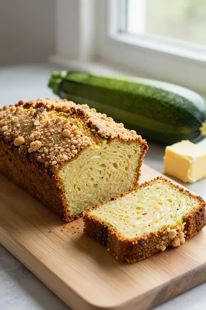 Crumb-topped sliced zucchini bread rests on a wooden board with whole zucchini and butter by soft window light.
